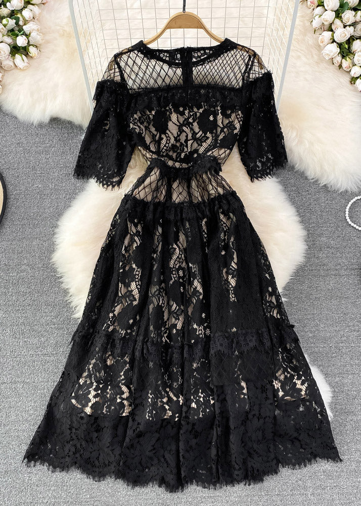 Black O-neck Hollow Out Tunic Lace Long Dress Short Sleeve
