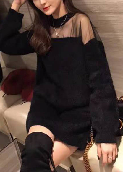 Black O-neck Mink Velvet Thick Knit Sweater Fall