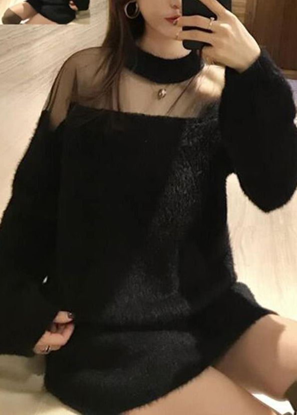 Black O-neck Mink Velvet Thick Knit Sweater Fall