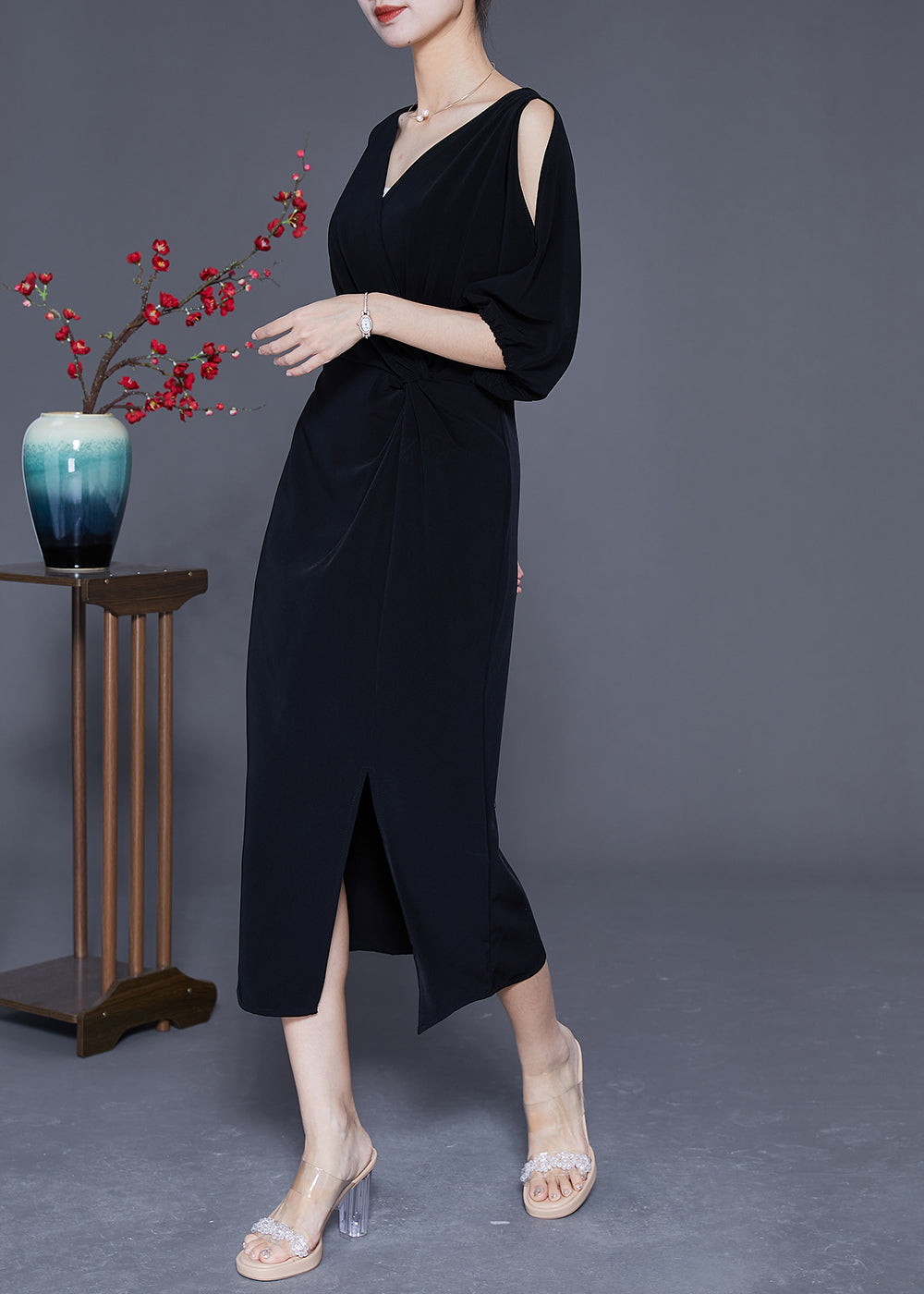 Black V Neck Cold Shoulder Side Open Party Dress Summer