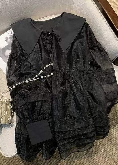 Black V Neck Tulle Mid Dresses Long Sleeve