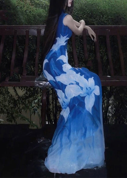 Blue O-neck Print Tulle Maxi Dresses Sleeveless