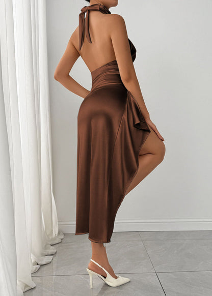 Coffee Side Open Wrinkled Silk Maxi Dresses Summer