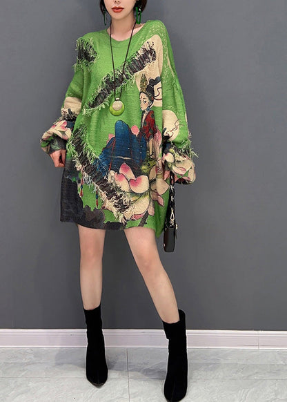 Green O-neck Print Tassel Knit Sweater Winter