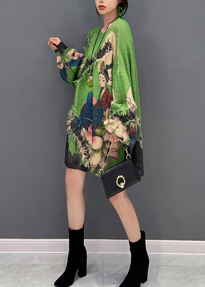 Green O-neck Print Tassel Knit Sweater Winter