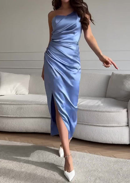 Green One Shoulder Side Open Slim Fit Silk Dress Sleeveless