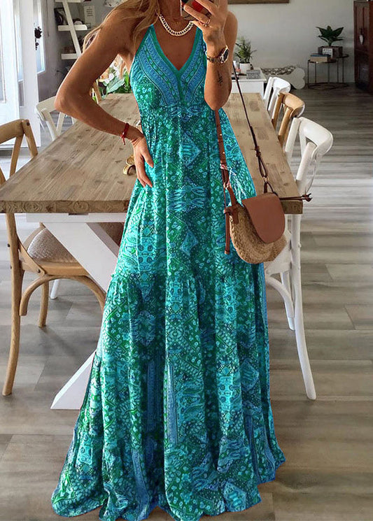 Green V Neck Print Holiday Long Spaghetti Strap Dress Sleeveless