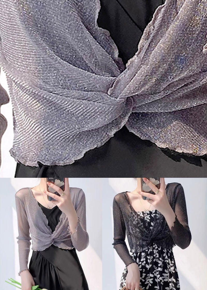 Grey V Neck Wrinkled Tulle Top Long Sleeve