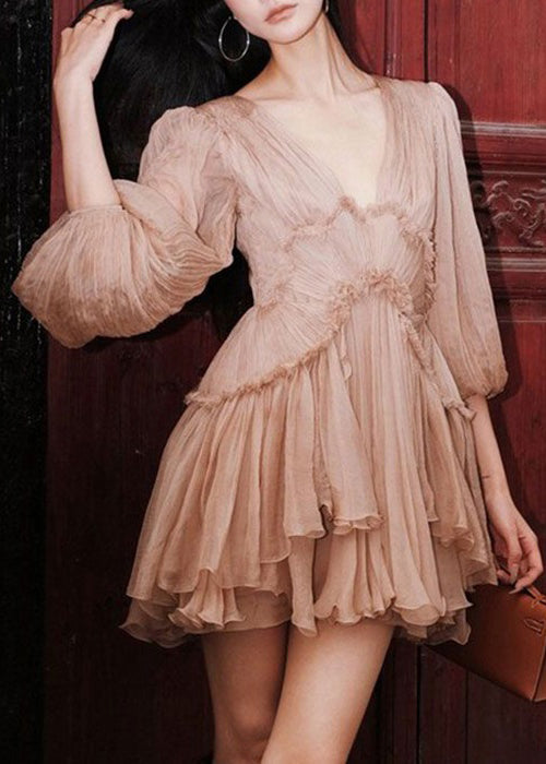 Pink Ruffled Lace Up Patchwork Chiffon Mid Dress Half Sleeve