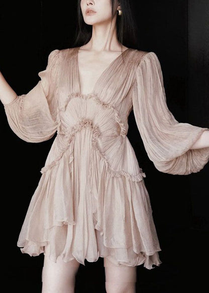 Pink Ruffled Lace Up Patchwork Chiffon Mid Dress Half Sleeve
