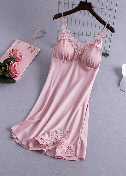 Pink V Neck Hollow Out Silk Mid Dress Summer