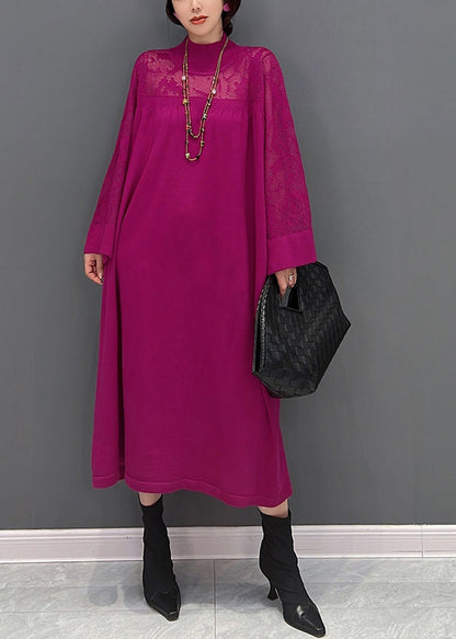 Purple Turtleneck Patchwork Knit Maxi Dress Fall
