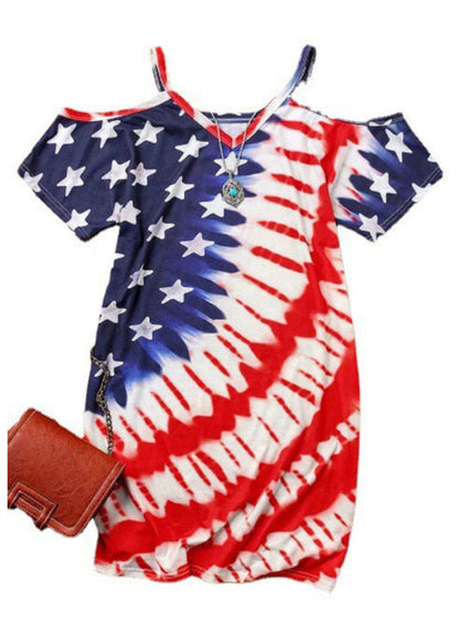 Red Blue V Neck Independence Day Print Off the Shoulder Spaghetti Strap Mid Dress Short Sleeve