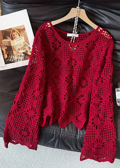 Red O Neck Hollow Out Knit Sweater Fall