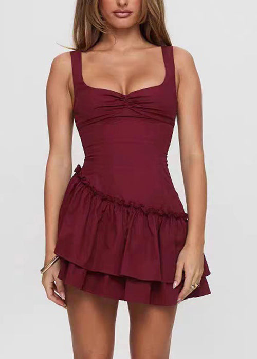 Red Ruffled Cotton Mini Dresses Summer
