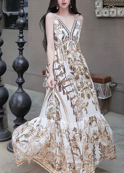 V Neck Print High Waist Spaghetti Strap Dress Sleeveless