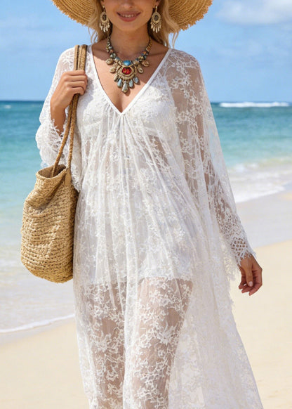 White V Neck Hollow Out Oversized Lace Vacation Dresses Summer