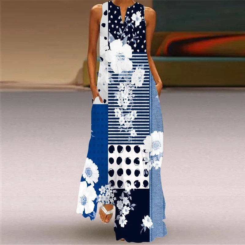 CD | 2024 New European and American Cross border Summer Long Dress Women Sleeveless V-Neck Printed Sexy