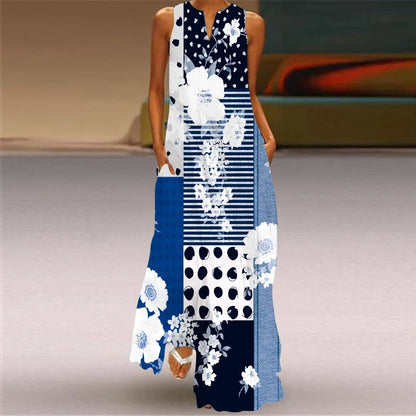 CD | 2024 New European and American Cross border Summer Long Dress Women Sleeveless V-Neck Printed Sexy