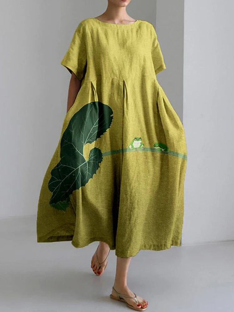 CD | 2024 New Women Round Neck Long Casual Dress Summer Large Size Fresh Fish Print Dress Street Holiday Short Sleeve Dress