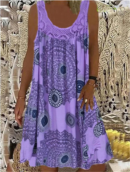 CD | Elegant Lace Splice O Neck Dresses Women Summer Comfortable Casual Sleeveless Dress Vintage Print Female Loose Midi Dress 2024