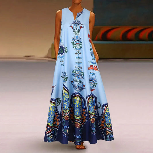 CD | Femei rochie Vintage florale imprimare V-Neck Tank Top rochie de vară moda dublu buzunar rochie fără mâneci femei Plus Dimensiune Maxi rochie