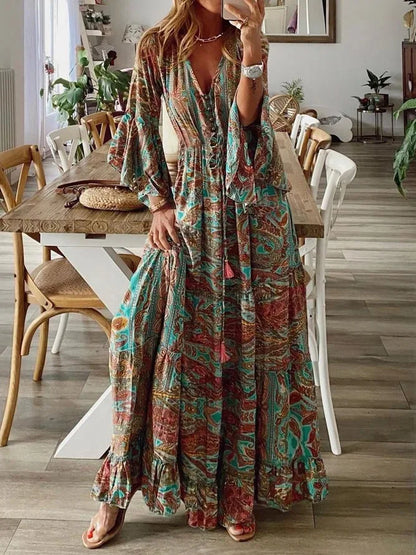 CD | 2023Cross frontieră boemă stil evazat mâneci imprimate v-neck mare rochie de vacanță cu talie florale rochie florale pentru femei