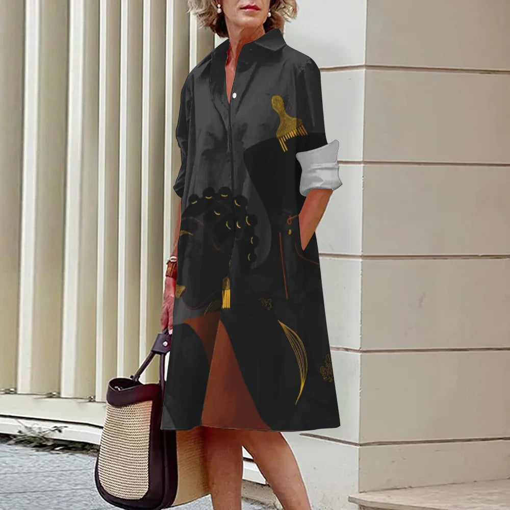 CD | Vara noi femei elegante cămașă Casual femei imprimate maneca lunga moda Lapel Street femei rochii cina partid rochii