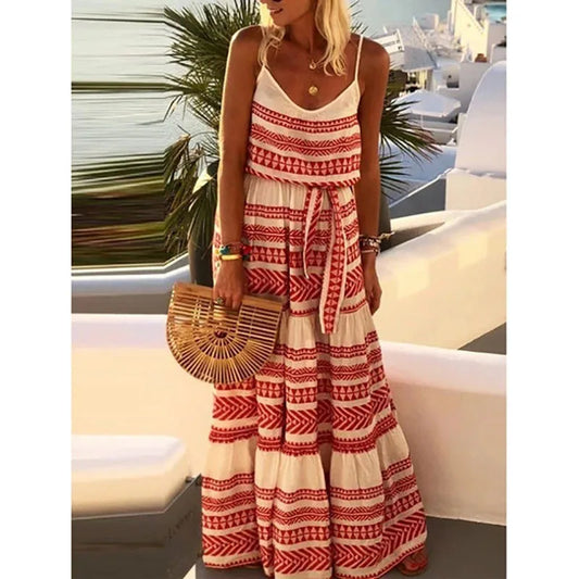 CD | Bohemian Style Print Spaghetti Strap Rochii lungi Femei V-neck Leace-up Casual Beach Camisole Dress 2024 Summer New Lady Vestido