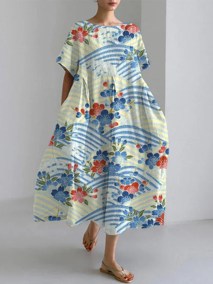 CD | 2024 New Women Round Neck Long Casual Dress Summer Large Size Fresh Fish Print Dress Street Holiday Short Sleeve Dress