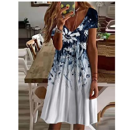 CD | Femei Summer Short Sleeve V-Neck Casual Dress 3D Vintage Floral Printed Elegant Knee-Length Dress S-3XL Lady Vestidos