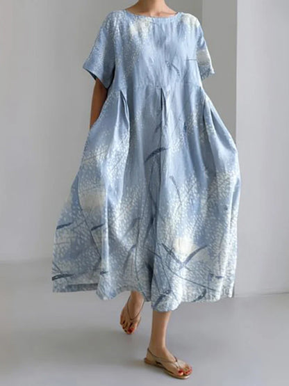 CD | 2024 New Women Round Neck Long Casual Dress Summer Large Size Fresh Fish Print Dress Street Holiday Short Sleeve Dress