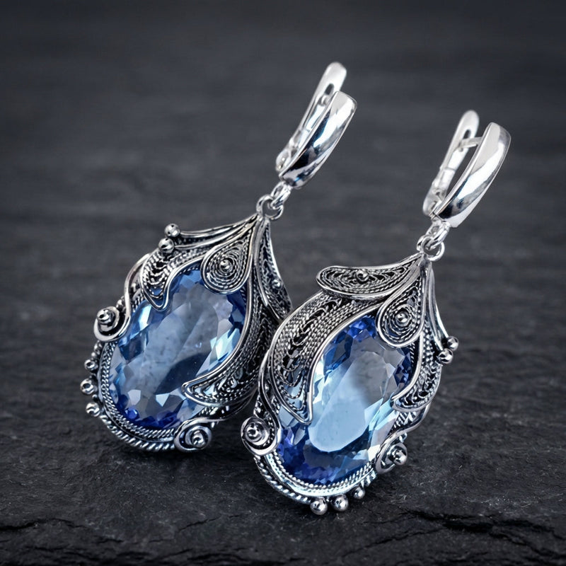Silver Color Inlaid Blue Stone Earrings