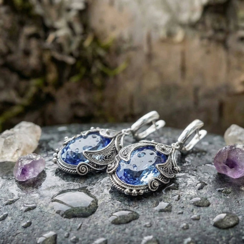 Silver Color Inlaid Blue Stone Earrings