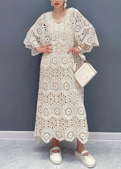 Simple Apricot O-neck Hollow Out Knit Maxi Dress Long Sleeve