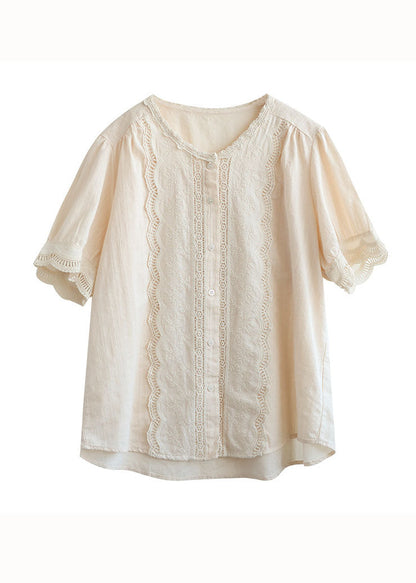 Simple Apricot O-neck Lace Patchwork Cotton Shirt Top Summer