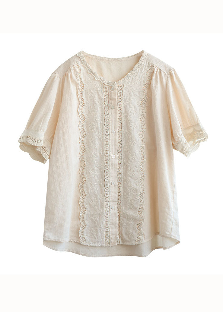 Simple Apricot O-neck Lace Patchwork Cotton Shirt Top Summer