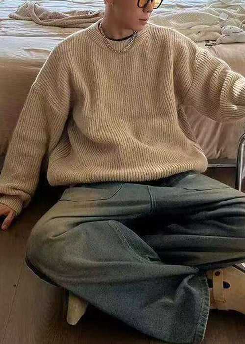 Simple Apricot O Neck Knit Sweaters Spring