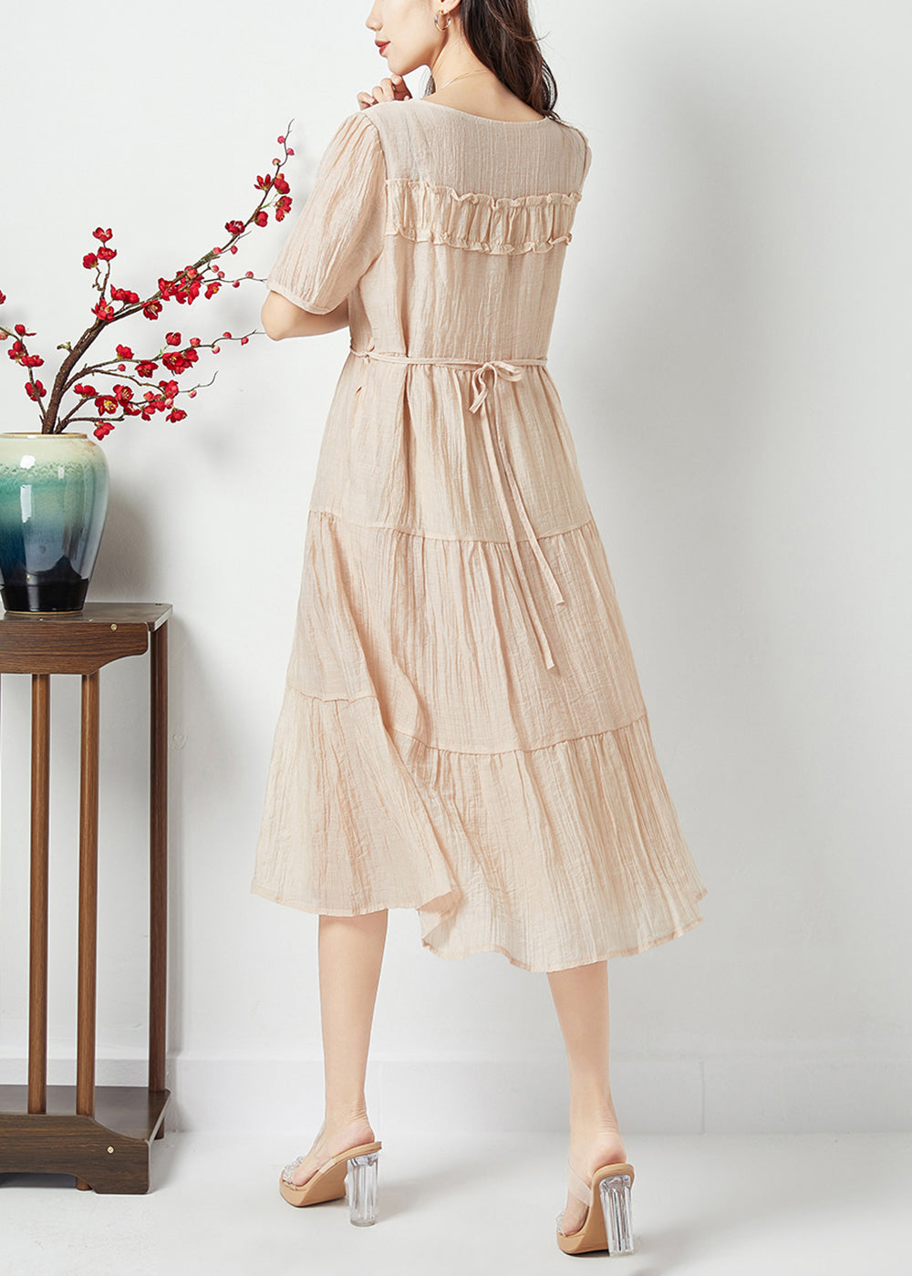 Simple Beige O-neck Patchwork Wrinkled Linen Silk Long Dress Summer