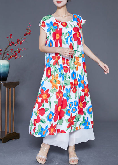 Simple Beige Oversized Print Cotton Dress Summer