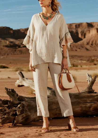 Simple Beige V Neck Patchwork Linen Two Pieces Set Butterfly Sleeve