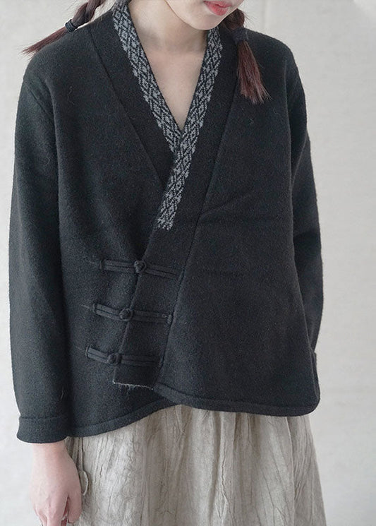Simple Black Button Embroideried Asymmetrical Design Fall Knit Sweater