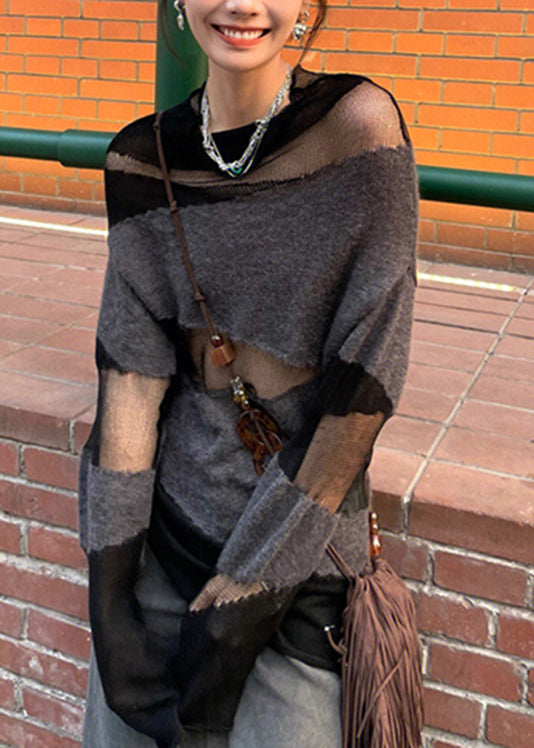 Simple Black Grey O-neck Tulle Patchwork Hollow Out Knitt Sweaters Fall