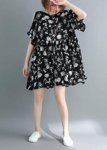 Simple Black Loose Print Summer Party Mini Dress Half Sleeve
