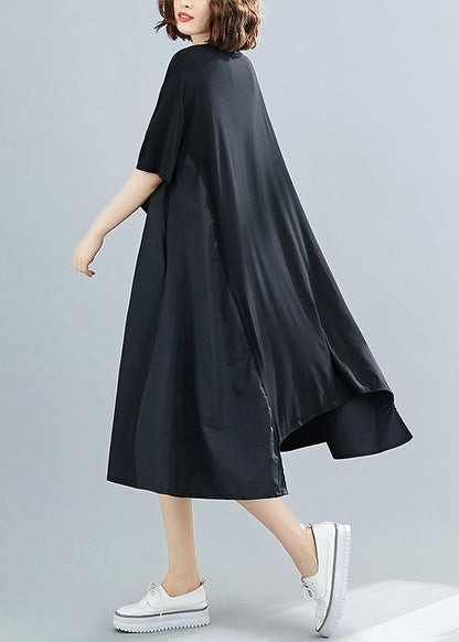 Simple Black O-neck Asymmetrical Patchwork Dresses Short Sleeve