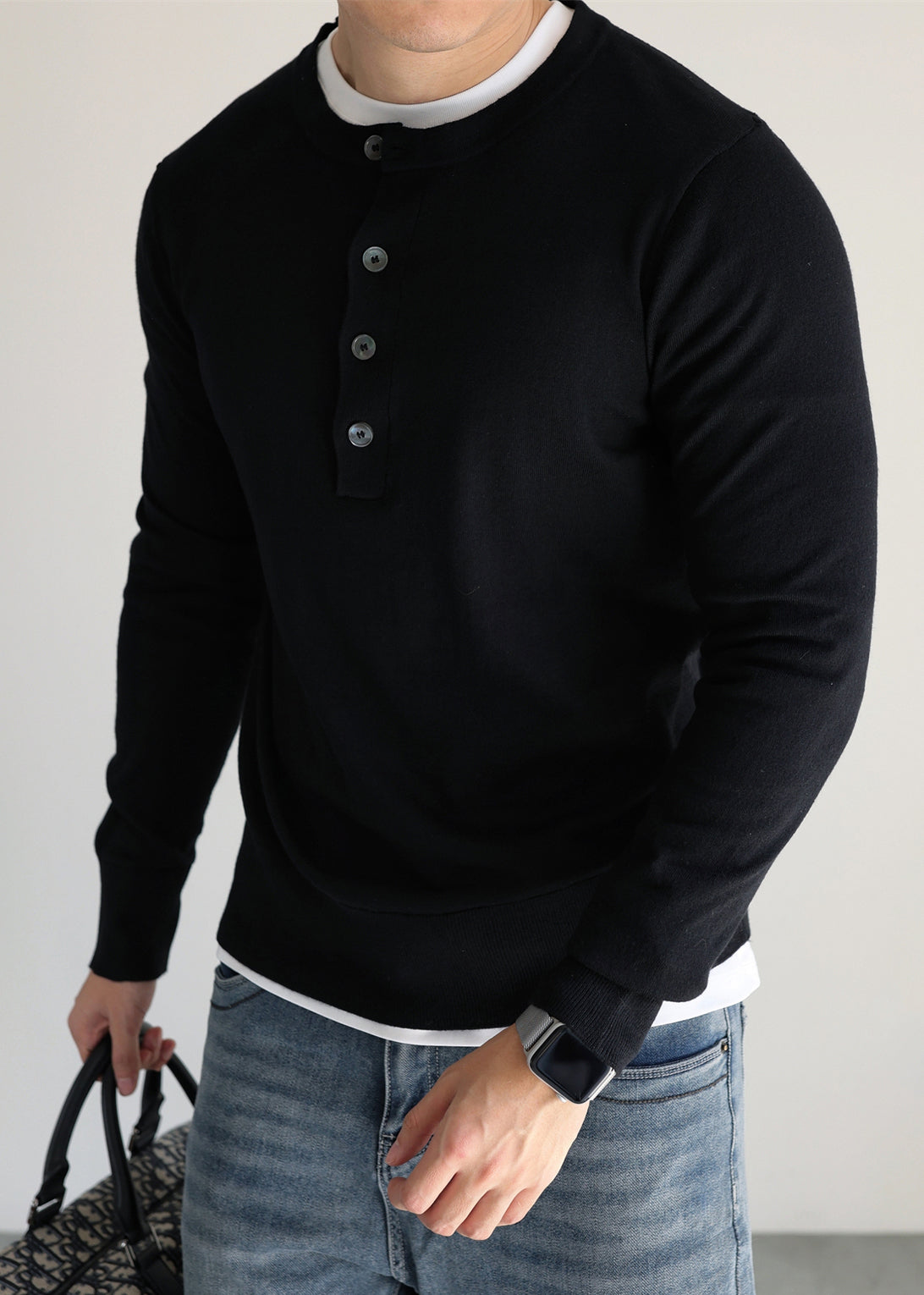 Simple Black O Neck Button Woolen Knit Sweater Tops Fall