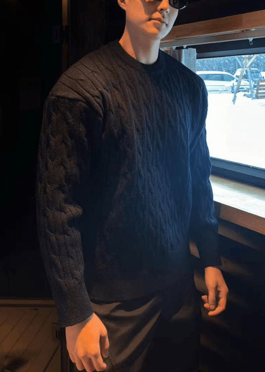 Simple Black O Neck Cable Knit Sweaters Spring