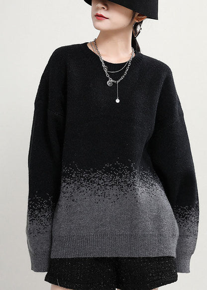 Simple Black O-neck Gradient Color Fall Knit Knitted Sweaters