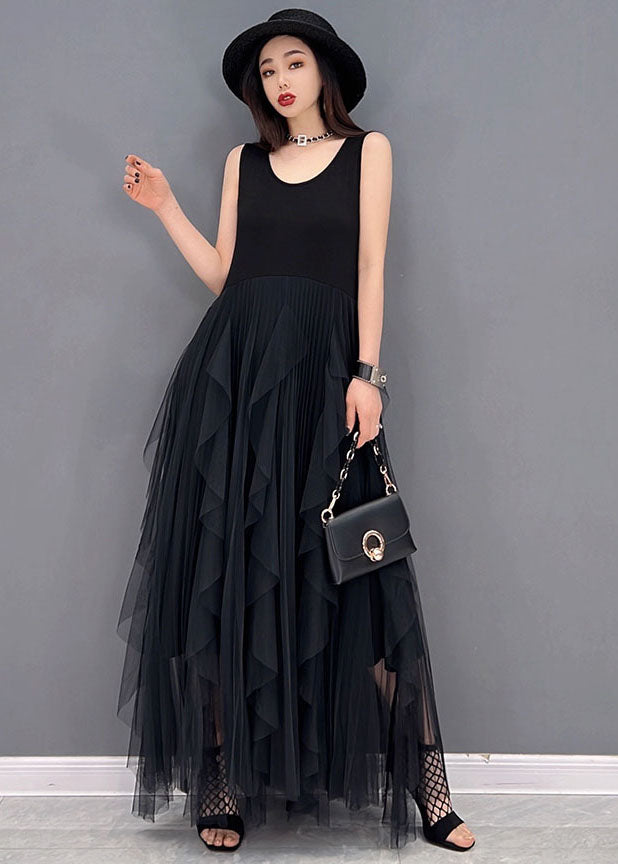 Simple Black O-neck Tulle Patchwork Cotton Dresses Sleeveless