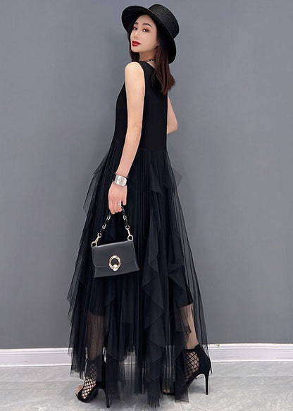 Simple Black O-neck Tulle Patchwork Cotton Dresses Sleeveless